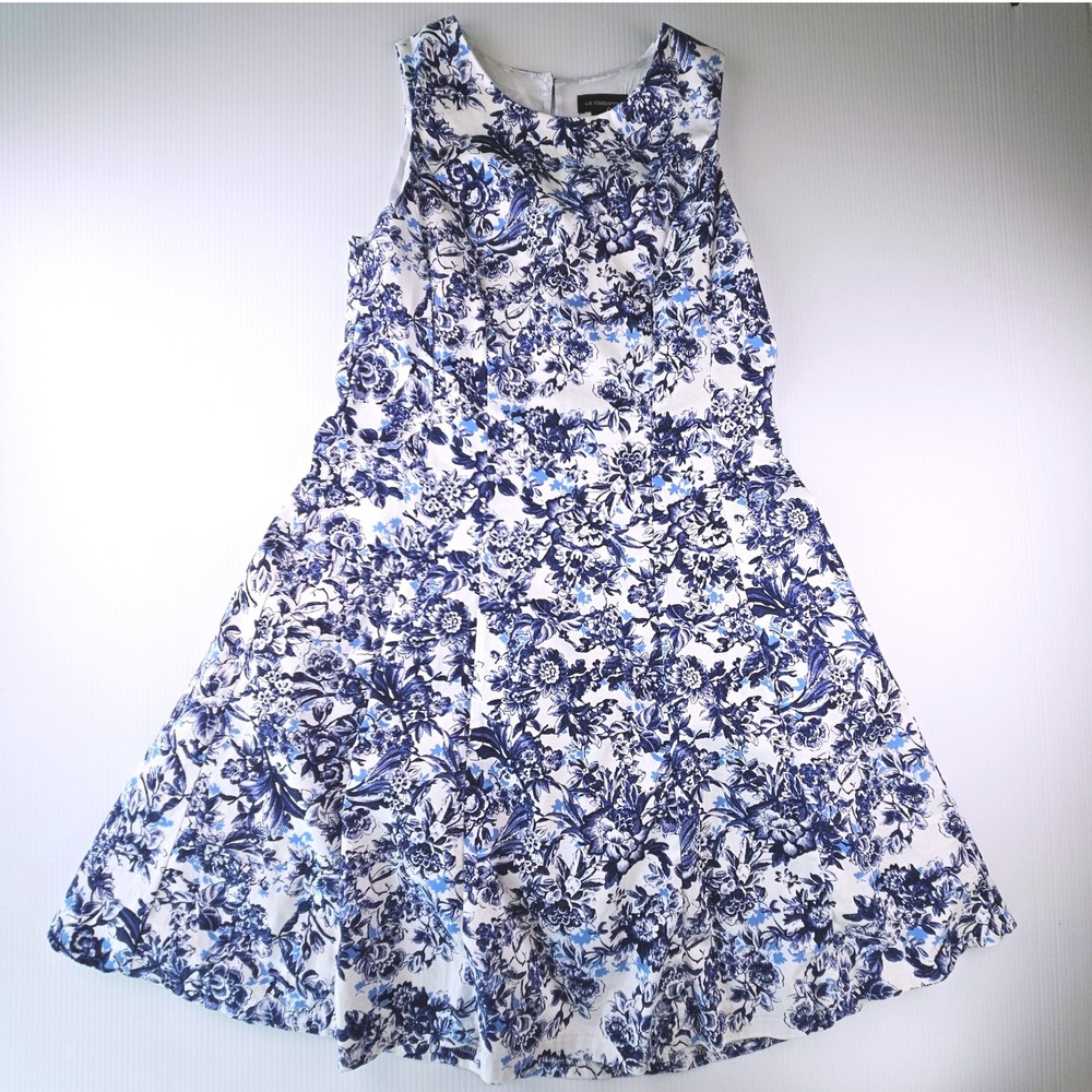 Liz Claiborne Blue Floral Chinoiserie Fit Flare Dress 14 Cottagecore Floral